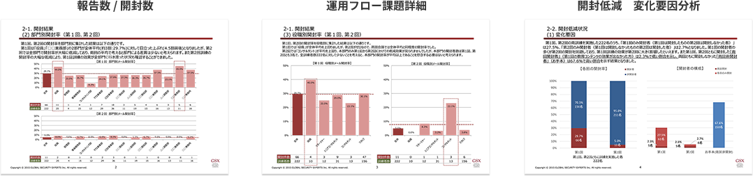 報告書イメージ 報告数 / 開封数 運用フロー課題詳細 開封低減　変化要因分析